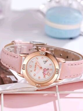 Sanrio My Melody Pink Leather Watch 29mm Rose Gold Rhinestone Case NEW